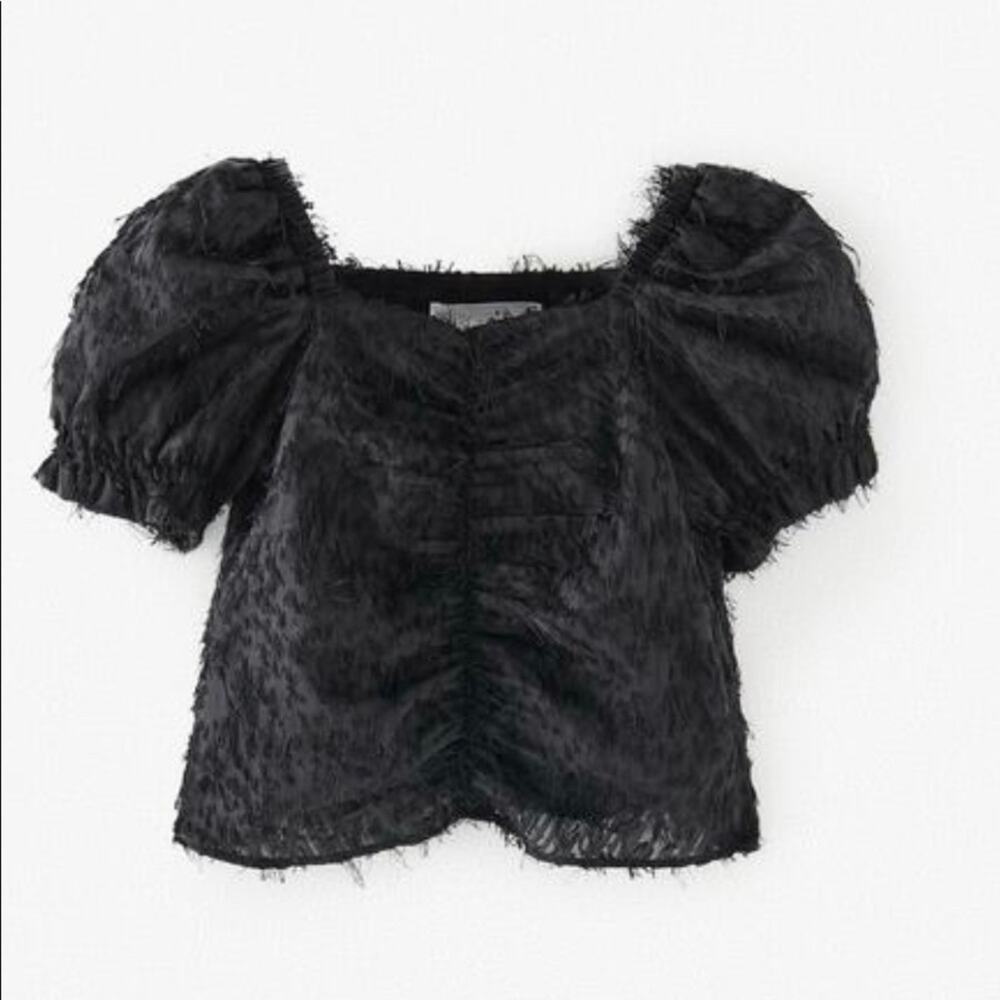 Zara Girls Black Semi Sheer Puff Short Sleeve Rouched Top Blouse size 10